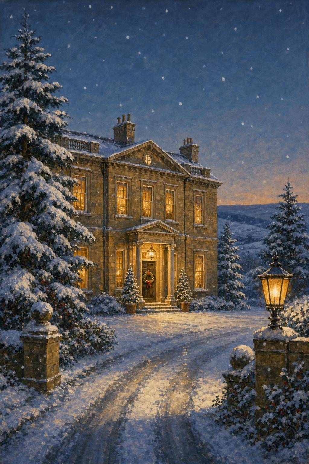 Ashford Manor at dusk on Christmas Eve, snow falling, warm light in the windows and a holly wreath on the door